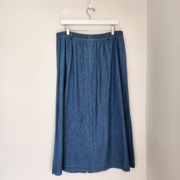 Vintage 80s Denim Midi Skirt Chambray Button Front A-Line Prairie Skirt  L - Picture 4 of 9